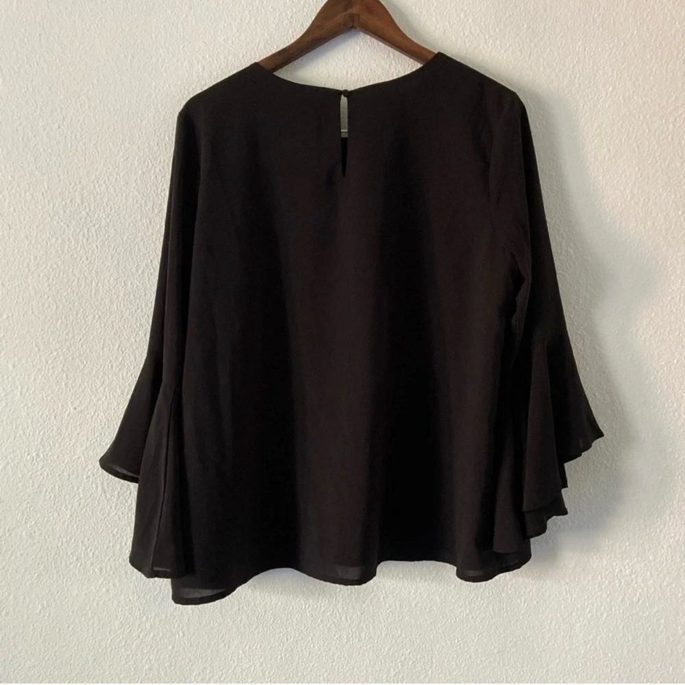 Black Nellin Flounce Bell Sleeve Cuff Blouse XL Keyhole Back Office Staple